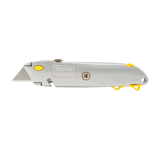 6 and 3 eighths inch Quick change retractable utility knife with open blade.
