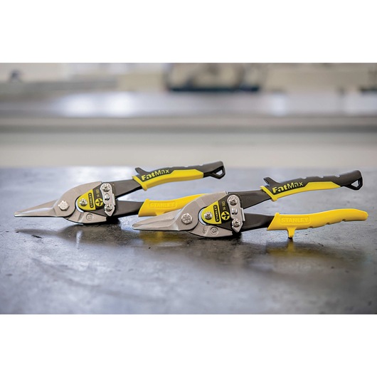 2 fat max straight cut compound action aviation snips placed together.