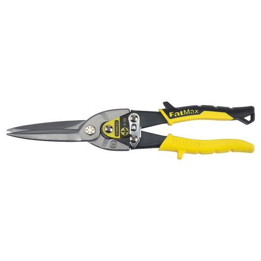 Profile of fat max long cut straight compound action aviation snips.