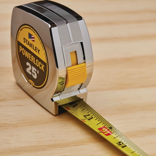 Secure blade lock feature of 25 foot powerlock tape measure.