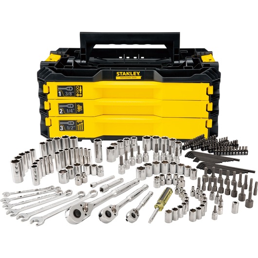 STANLEY® 203 PCS mechanics tool set with 3-drawer tool box, SAE/Metric, front facing